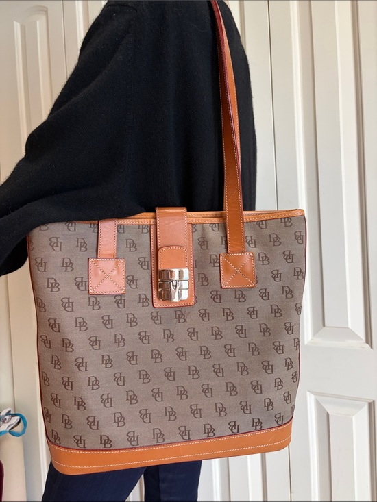 Dooney & Bourke Handbags - Dooney & Bourke Brown Monogram Tote with Tan Leather Trim
